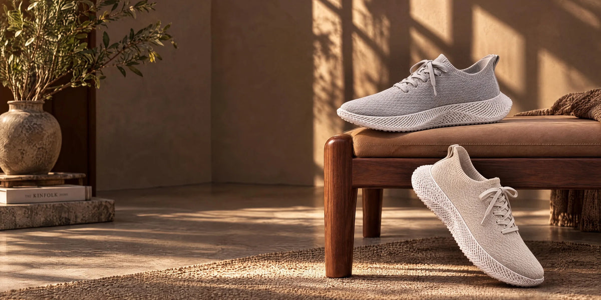 Two Nexbie Braidge 3D printed sneakers on a wooden bench in warm evening light