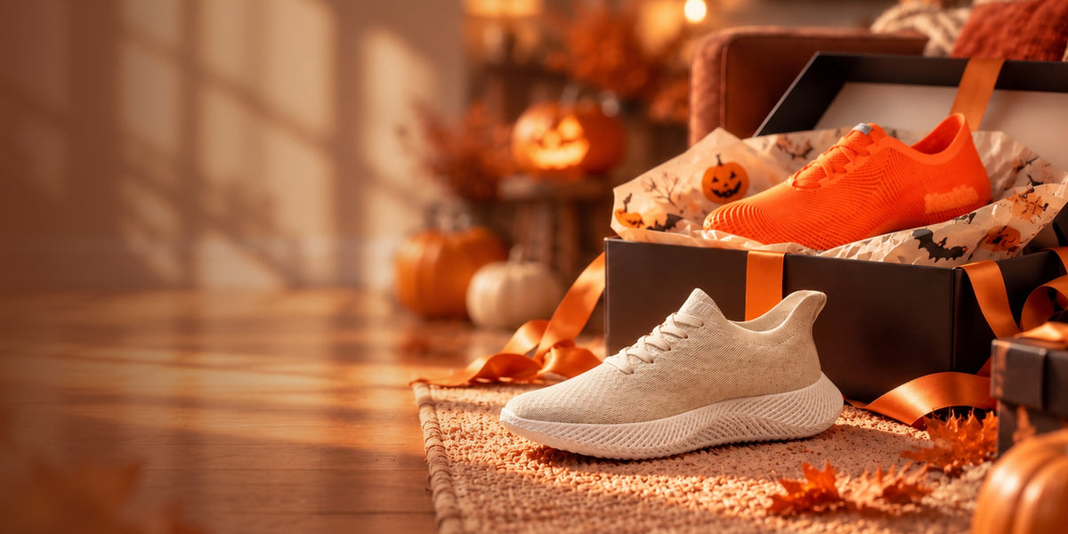 Nexbie 3D printed sneakers in a Halloween gift box with pumpkins and autumn leaves