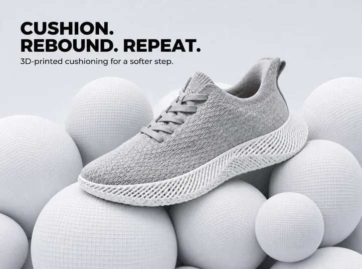 Cushion. Rebound. Repeat. 3D-printed cushioning for a softer step.