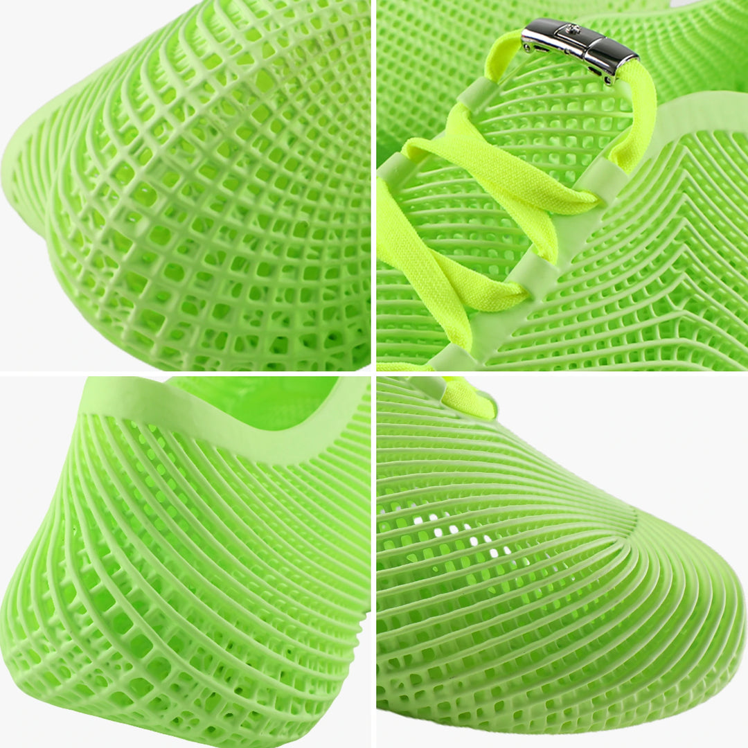 Close-up sole of green 3D printed shoes