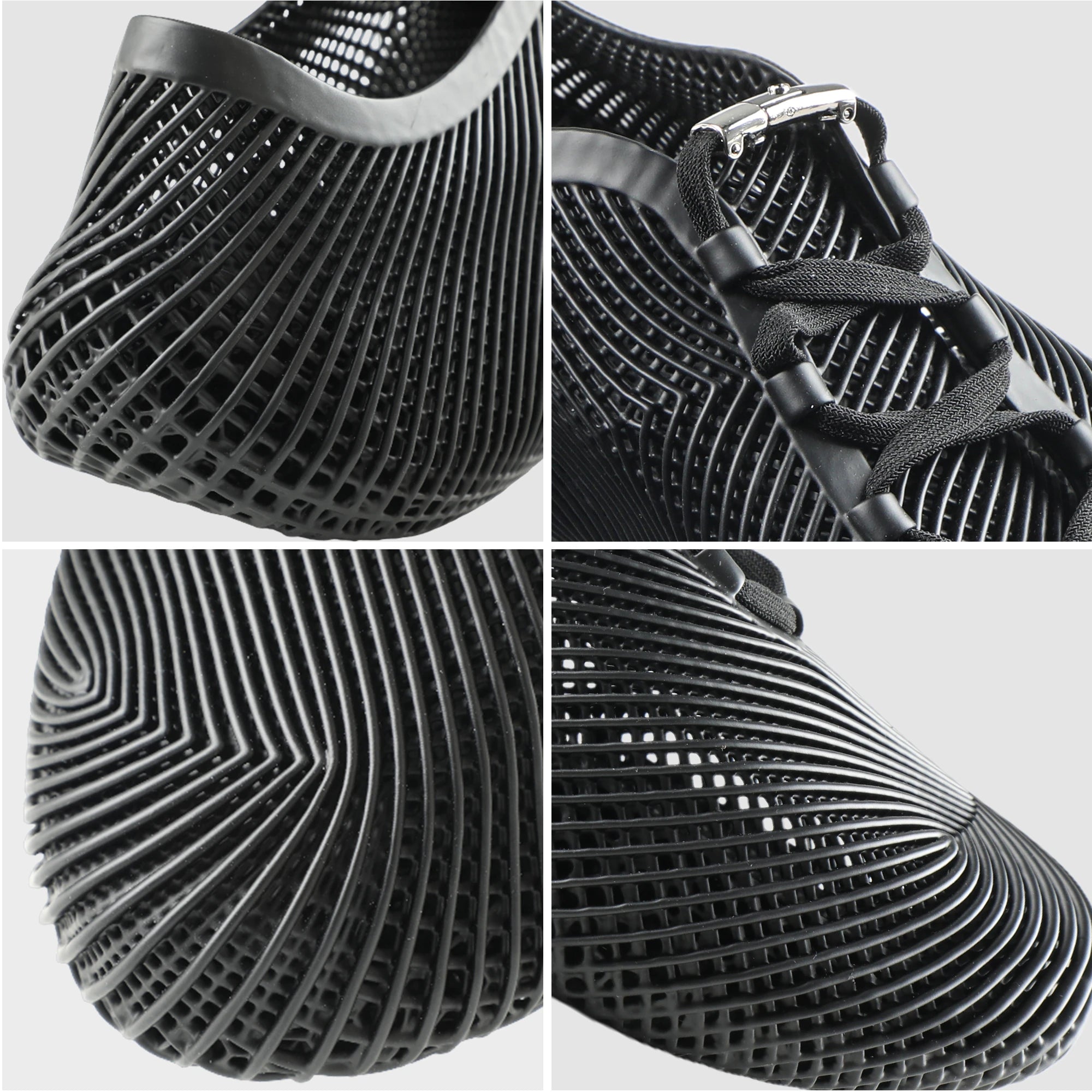 Close-up sole of black 3D printed shoes