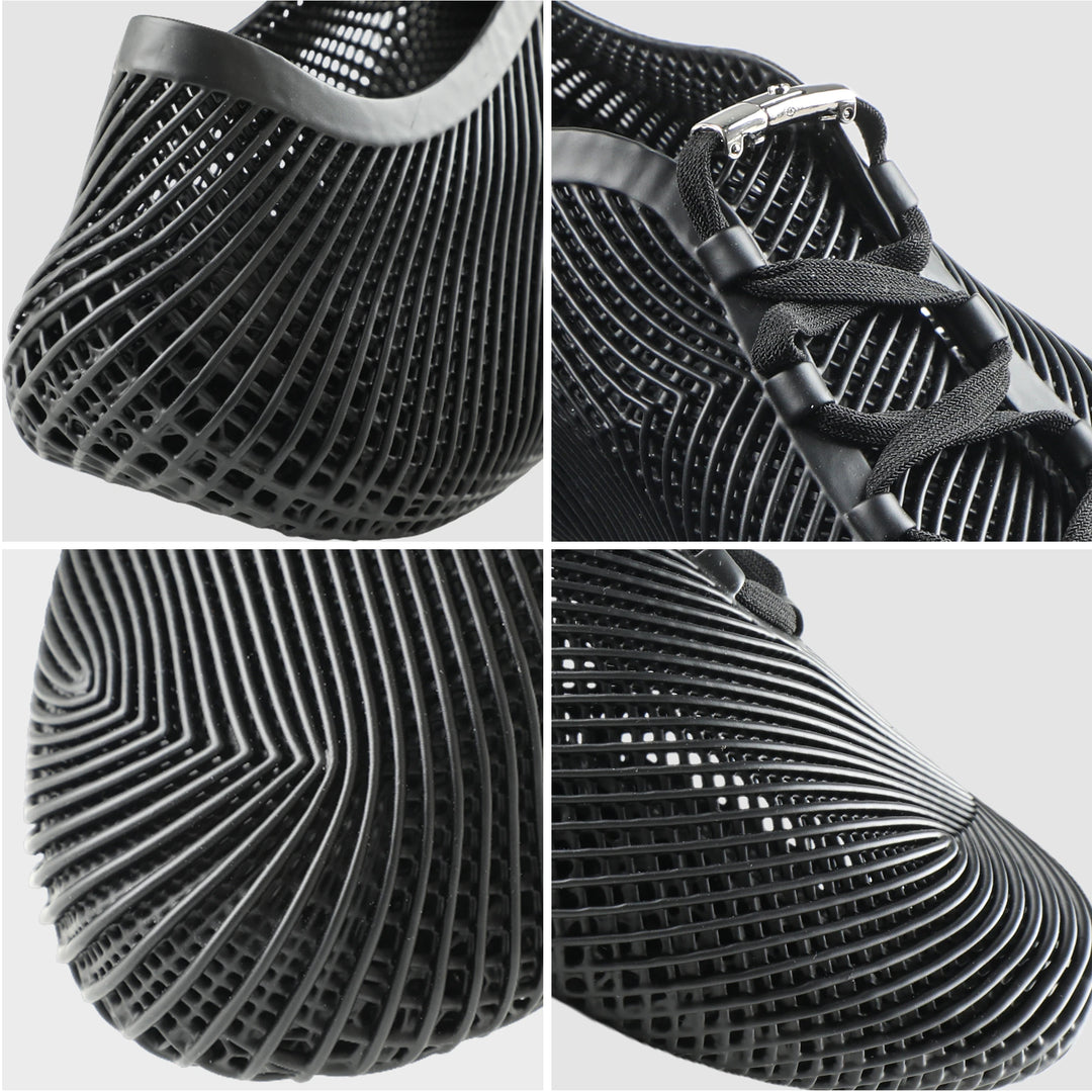 Close-up sole of black 3D printed shoes