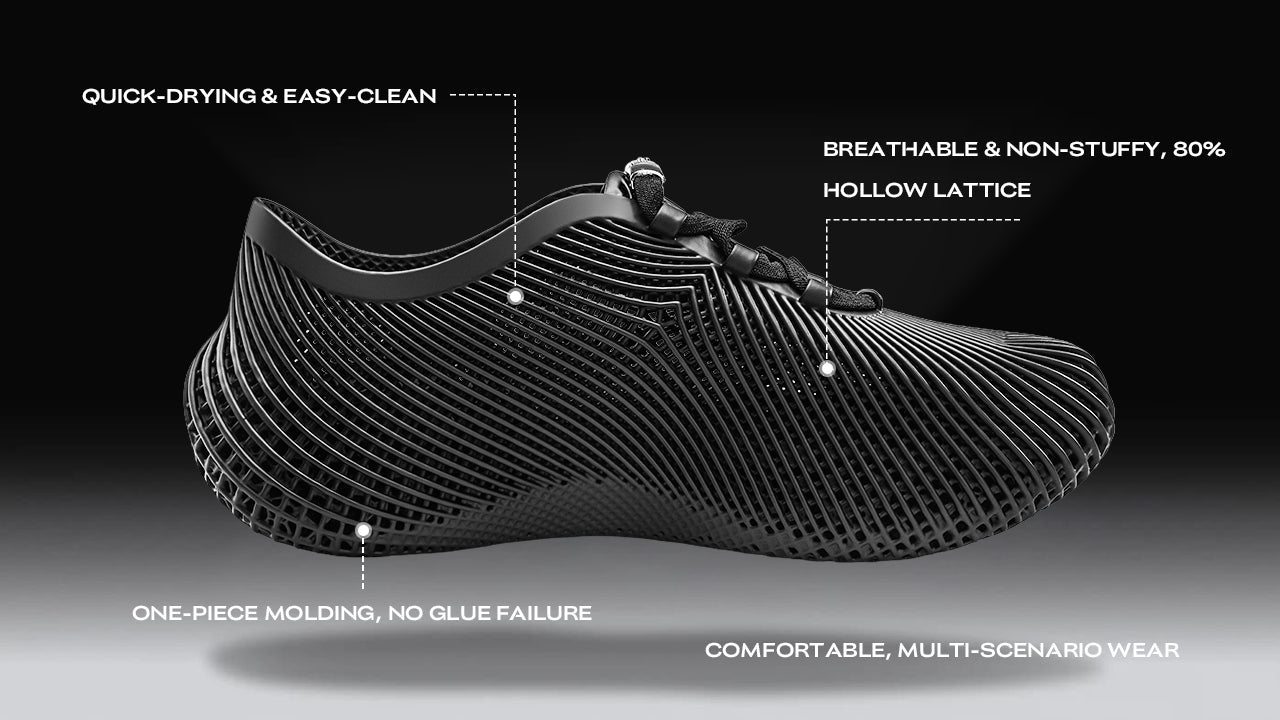 Black 3D printed shoes ergonomic and breathable fit