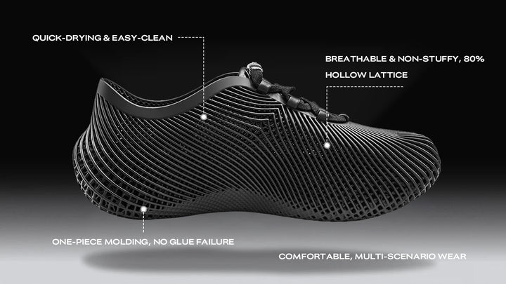 Black 3D printed shoes ergonomic and breathable fit