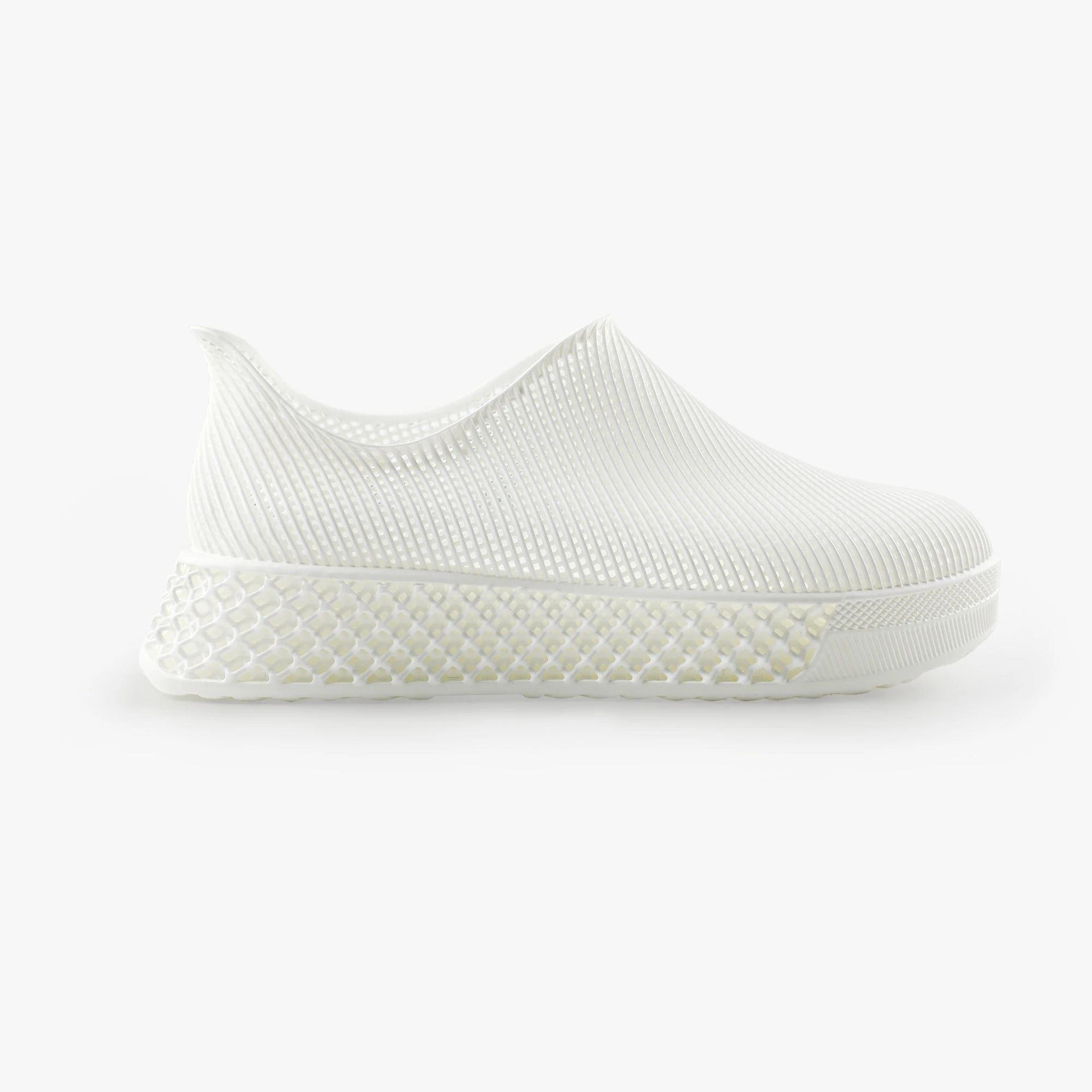 Side view of white 3D printed shoes minimal lightweight comfort