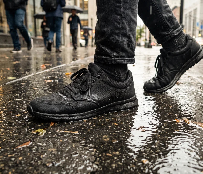 Rain, puddles, shoreline. Regular shoes don’t go there.