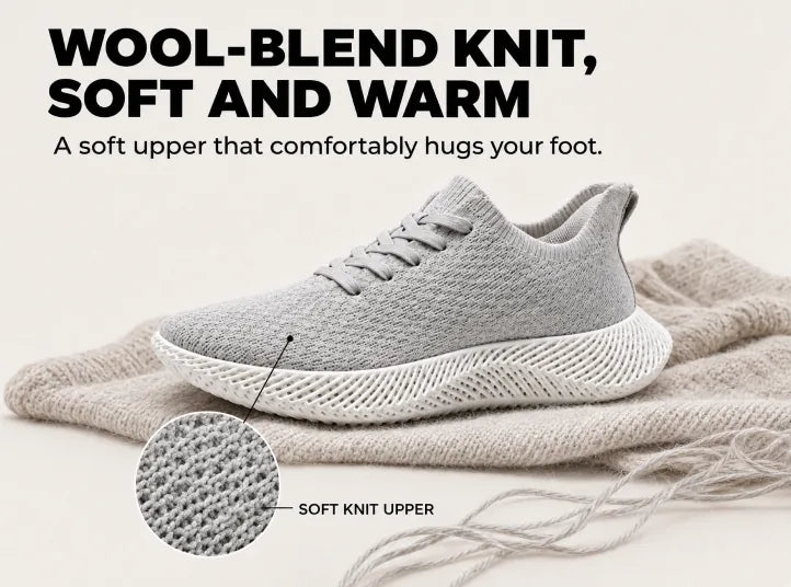 Wool-blend knit, soft and warm. A soft upper that comfortably hugs your foot.