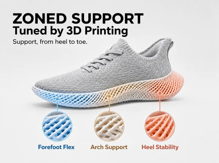 Zoned support, tuned by 3D printing. Support, from heel to toe.