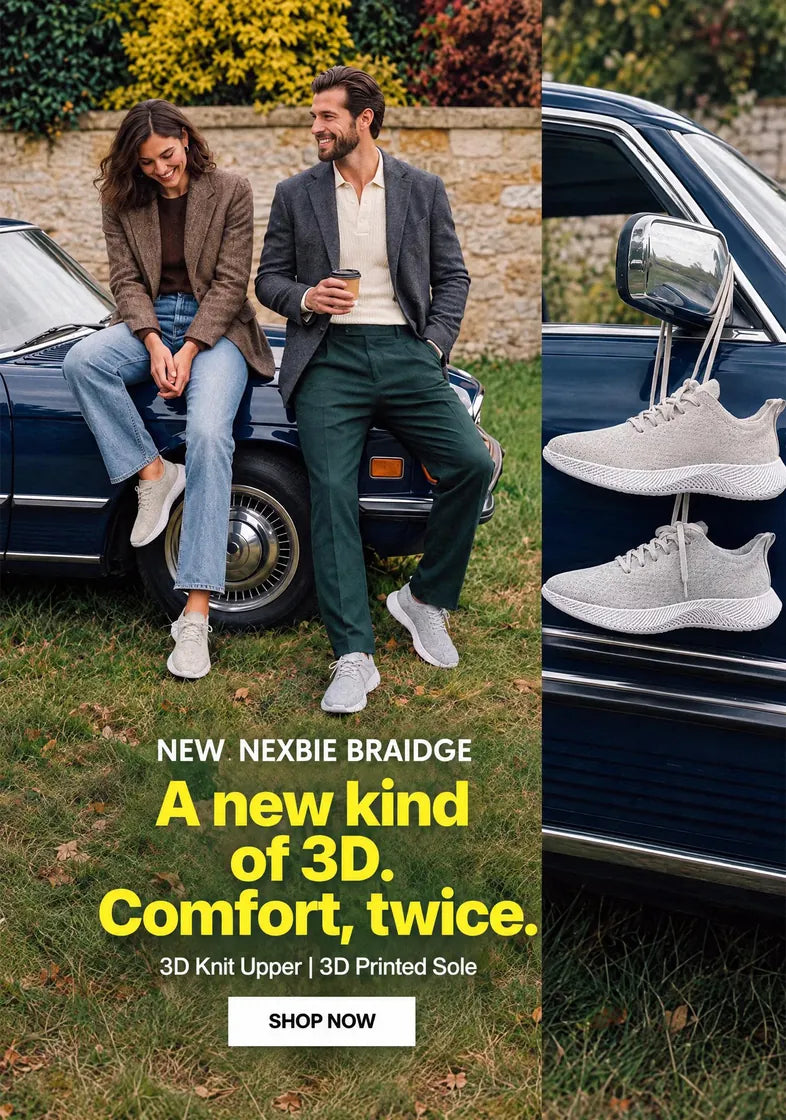 New Nexbie Braidge 3D printed sneakers. A new kind of 3D. Comfort, twice. 3D knit upper, 3D printed sole. Shop now.