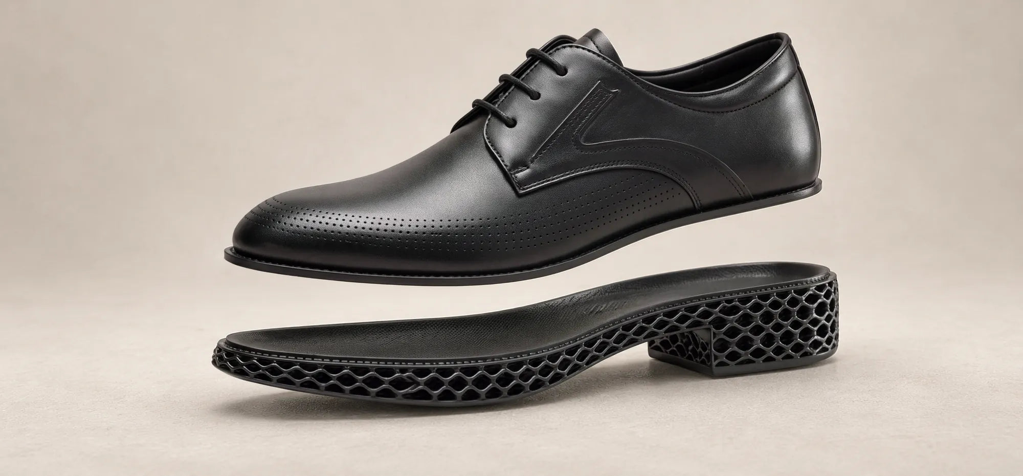 Exploded view of the Gravitas Grid Derby: leather upper above the 3D-printed lattice sole