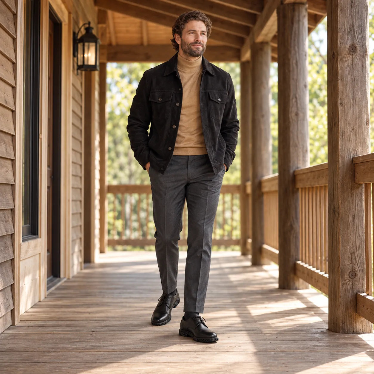 Man walking on a wooden porch in a suede jacket and black Derby shoes