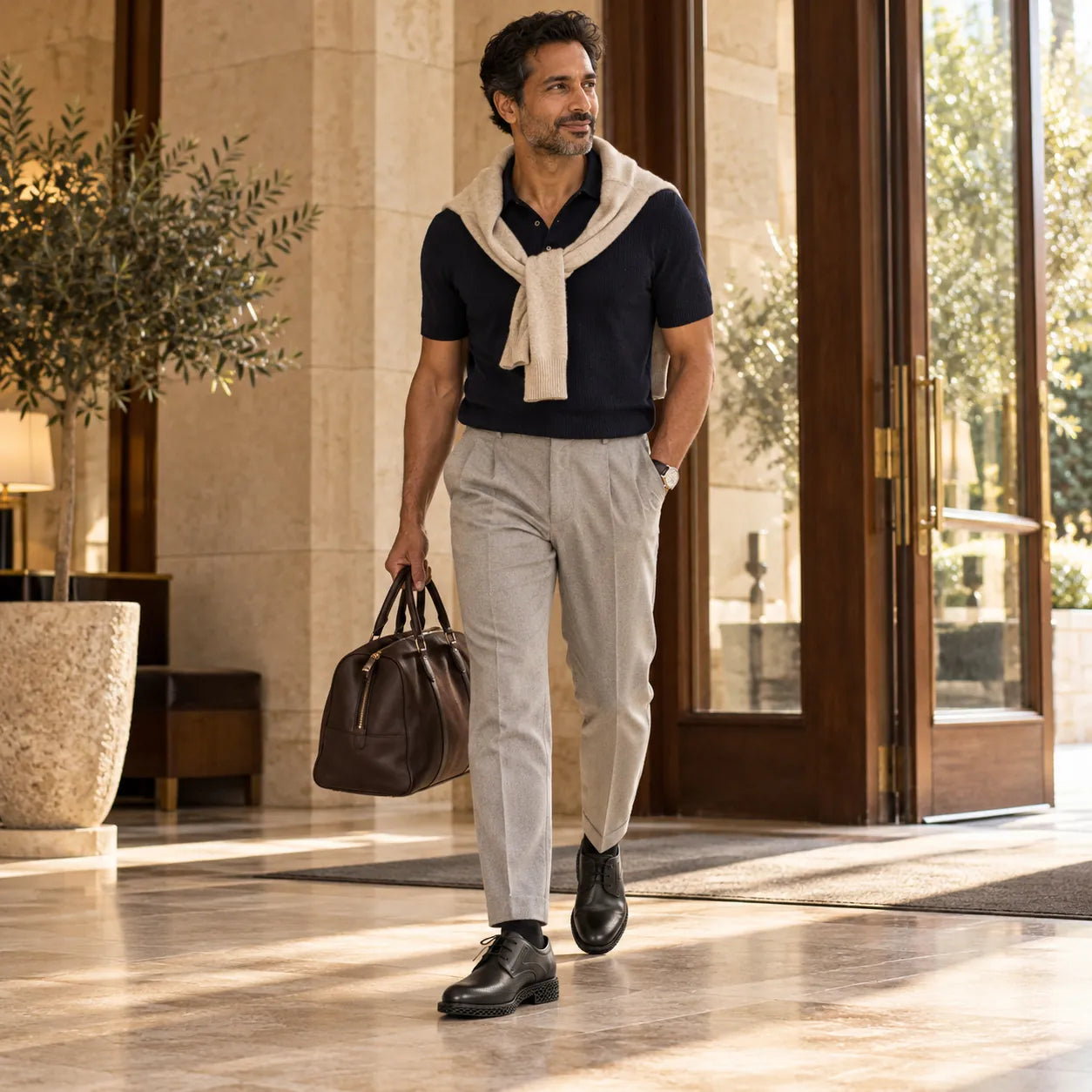 Man carrying a leather bag, walking in black Derby shoes