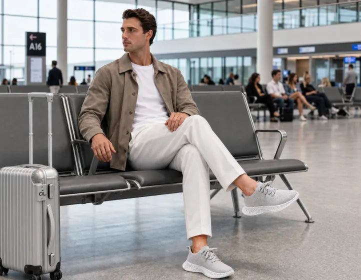 Man seated in an airport lounge wearing gray Braidge sneakers